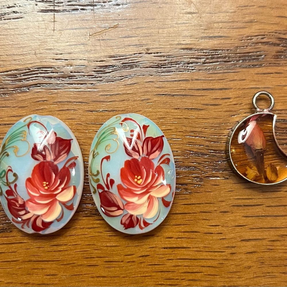 Vintage Floral Sea Opal Beads + Sterling Silver Dried Flowers Half Moon Charm